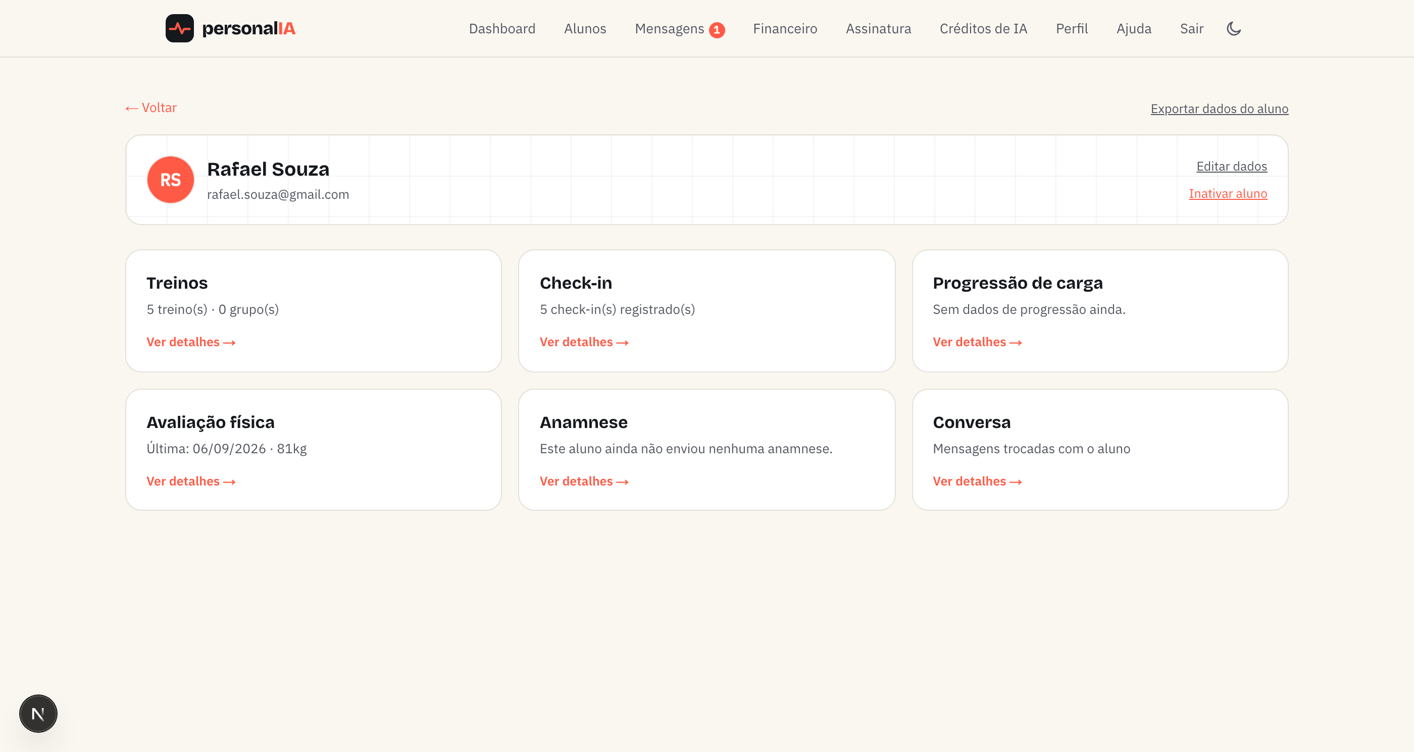 Dashboard de um aluno no PersonalIA